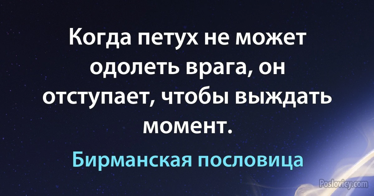 Когда петух не может одолеть врага, он отступает, чтобы выждать момент. (Бирманская пословица)