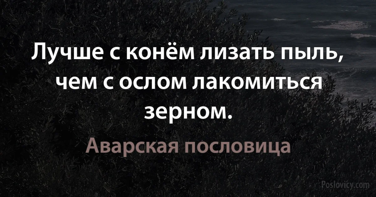 Лучше с конём лизать пыль, чем с ослом лакомиться зерном. (Аварская пословица)