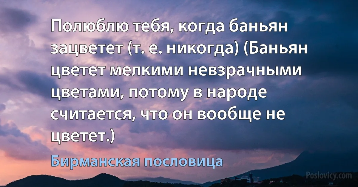 Полюблю тебя, когда баньян зацветет (т. е. никогда) (Баньян цветет мелкими невзрачными цветами, потому в народе считается, что он вообще не цветет.) (Бирманская пословица)