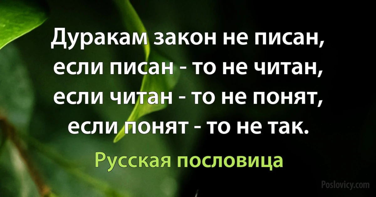 Дуракам закон не писан, если писан - то не читан, если читан - то не понят, если понят - то не так. (Русская пословица)