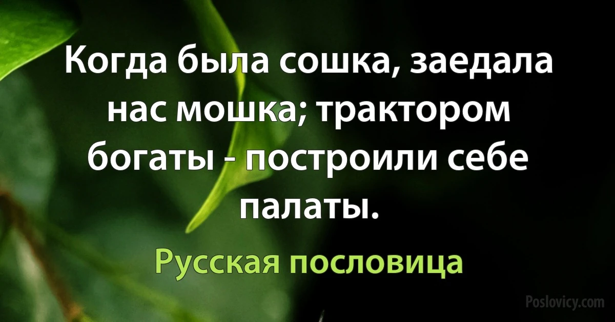 Когда была сошка, заедала нас мошка; трактором богаты - построили себе палаты. (Русская пословица)