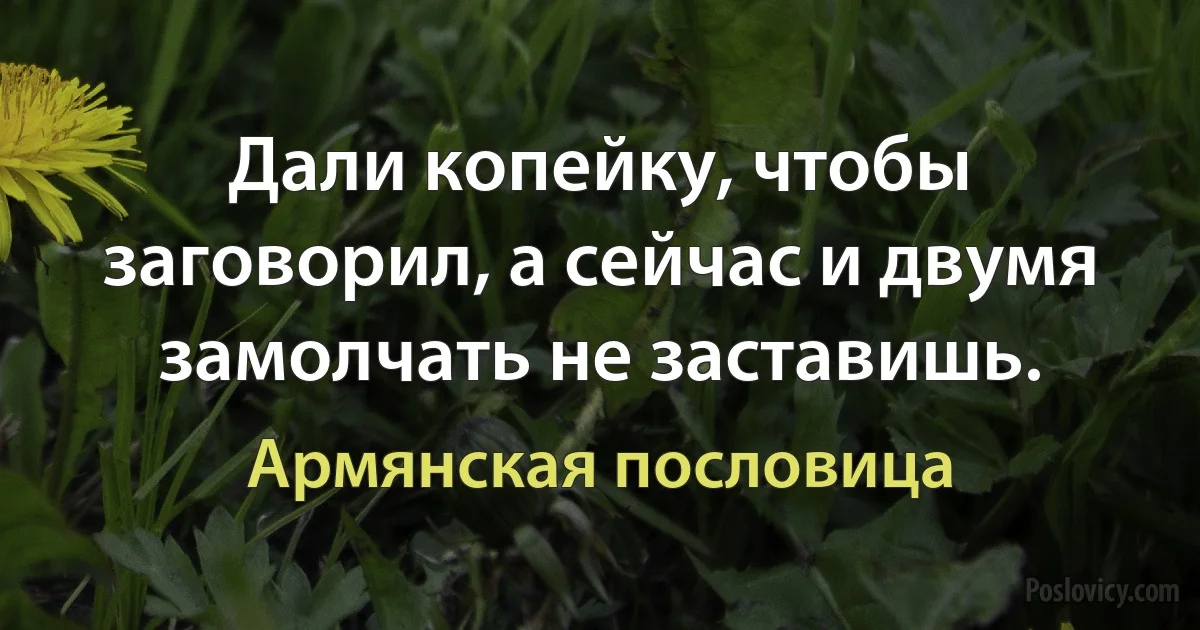 Дали копейку, чтобы заговорил, а сейчас и двумя замолчать не заставишь. (Армянская пословица)