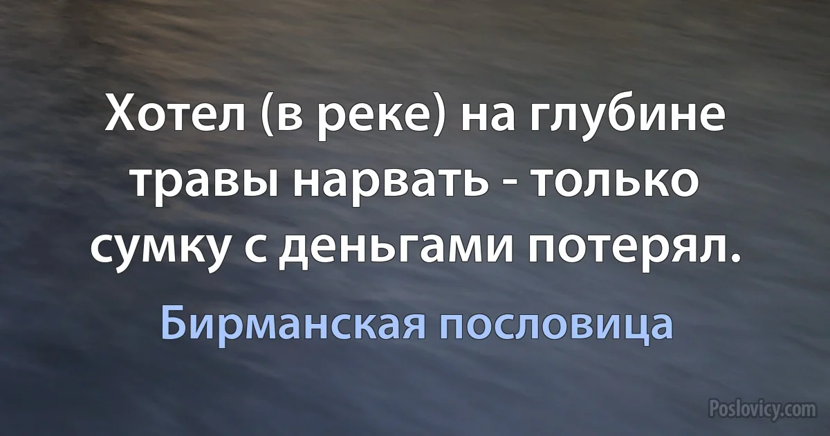 Хотел (в реке) на глубине травы нарвать - только сумку с деньгами потерял. (Бирманская пословица)