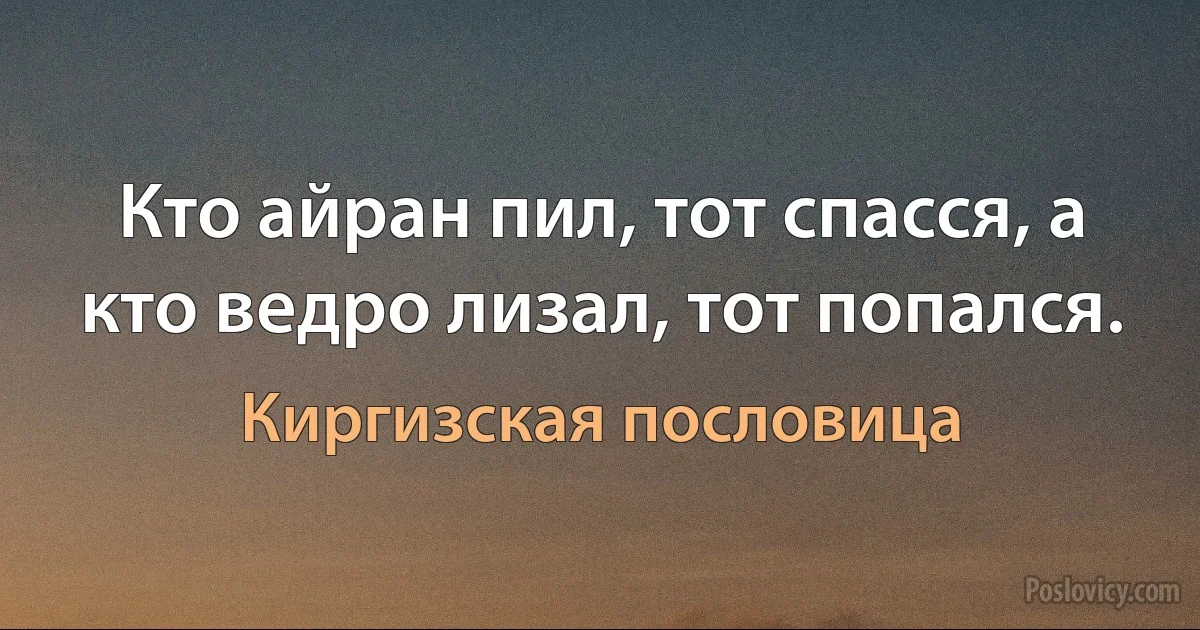 Кто айран пил, тот спасся, а кто ведро лизал, тот попался. (Киргизская пословица)