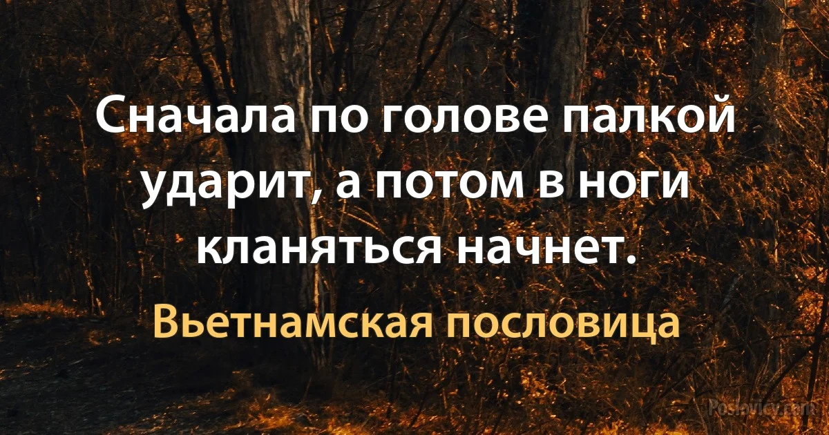 Сначала по голове палкой ударит, а потом в ноги кланяться начнет. (Вьетнамская пословица)