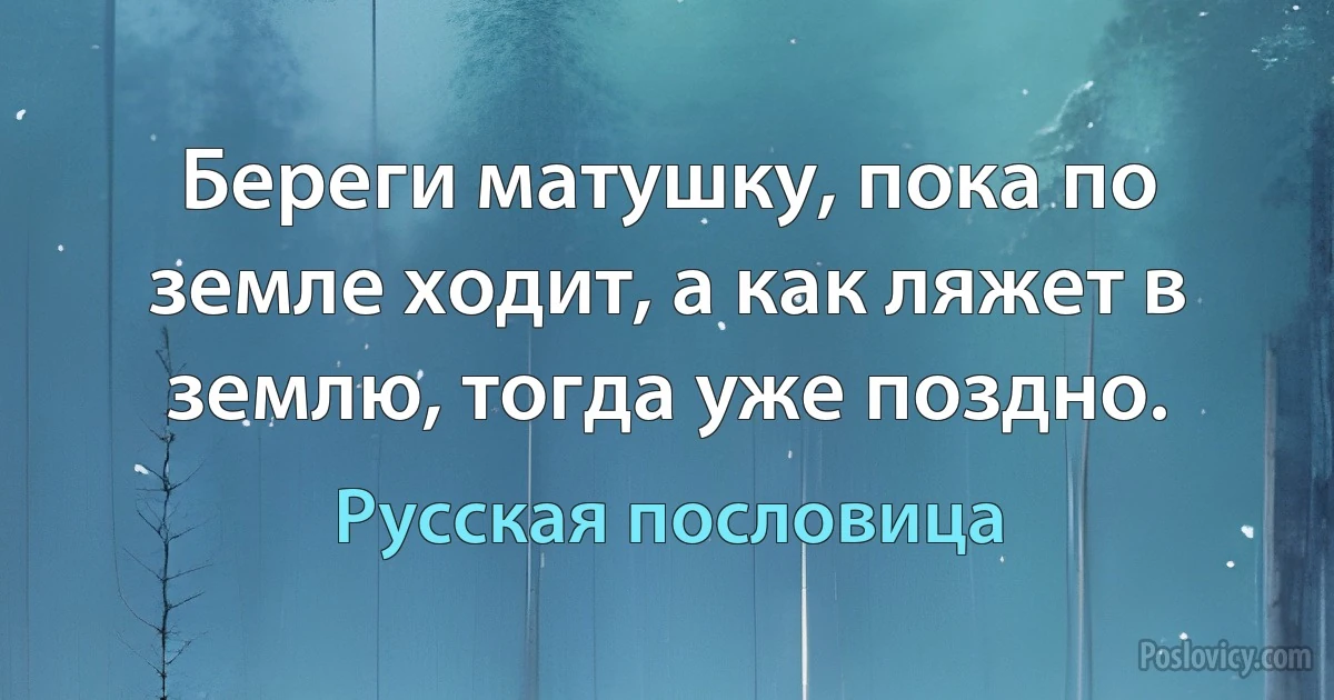 Береги матушку, пока по земле ходит, а как ляжет в землю, тогда уже поздно. (Русская пословица)