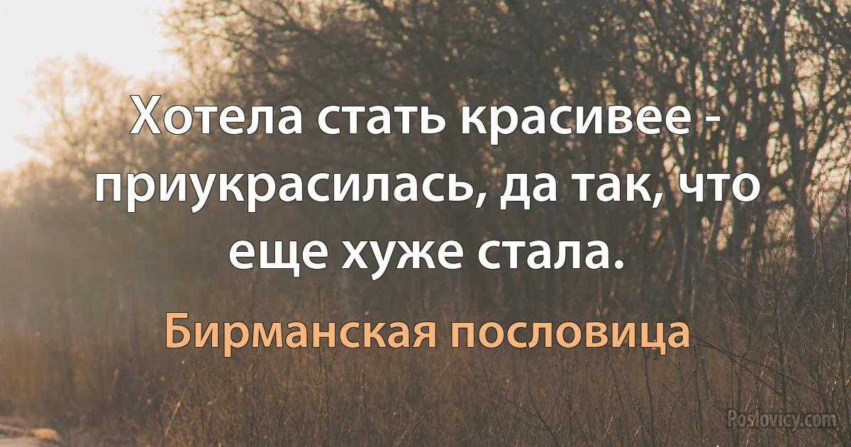 Хотела стать красивее - приукрасилась, да так, что еще хуже стала. (Бирманская пословица)