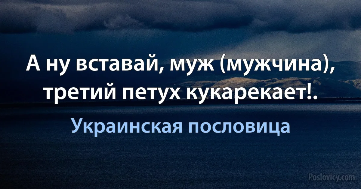 А ну вставай, муж (мужчина), третий петух кукарекает!. (Украинская пословица)