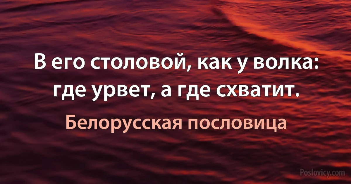 В его столовой, как у волка: где урвет, а где схватит. (Белорусская пословица)