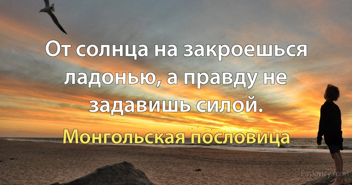 От солнца на закроешься ладонью, а правду не задавишь силой. (Монгольская пословица)