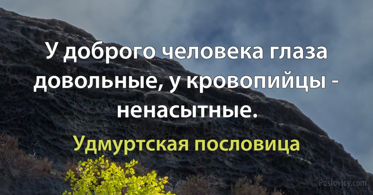 У доброго человека глаза довольные, у кровопийцы - ненасытные. (Удмуртская пословица)