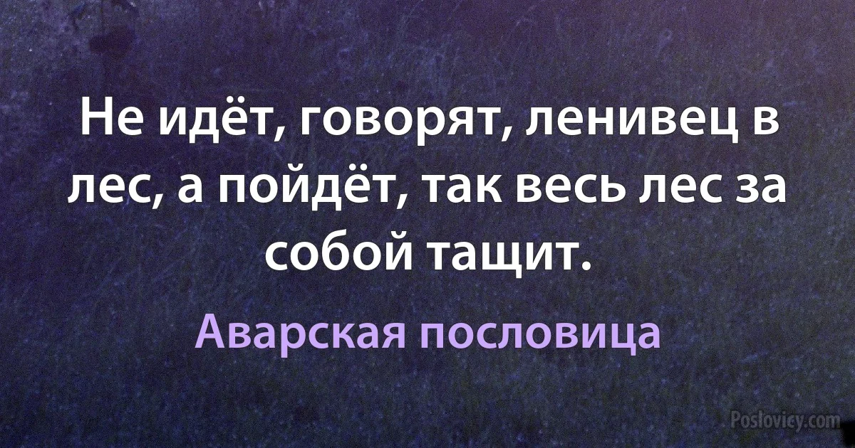 Не идёт, говорят, ленивец в лес, а пойдёт, так весь лес за собой тащит. (Аварская пословица)