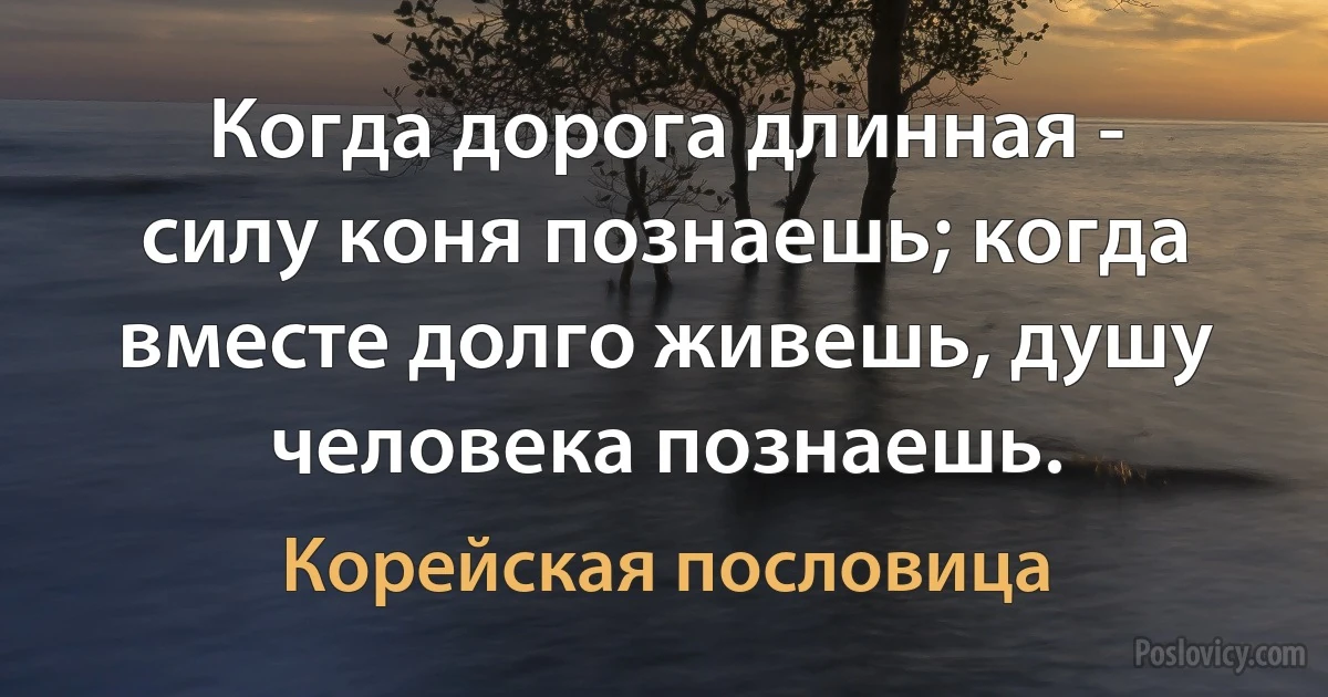 Когда дорога длинная - силу коня познаешь; когда вместе долго живешь, душу человека познаешь. (Корейская пословица)