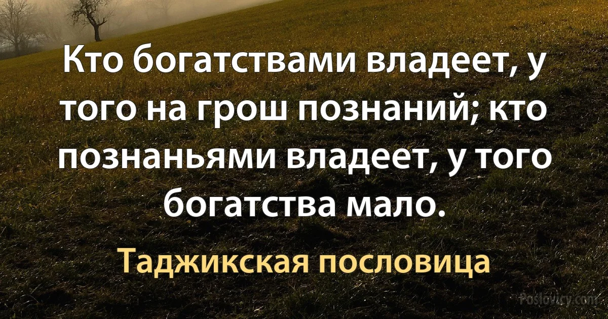 Кто богатствами владеет, у того на грош познаний; кто познаньями владеет, у того богатства мало. (Таджикская пословица)