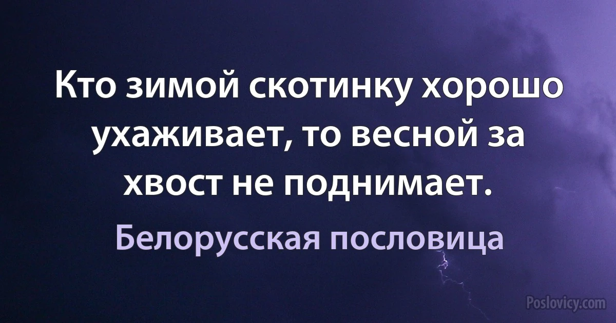 Кто зимой скотинку хорошо ухаживает, то весной за хвост не поднимает. (Белорусская пословица)