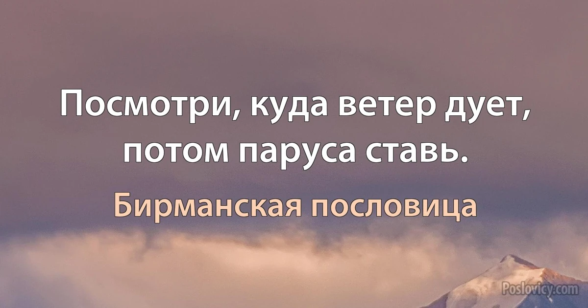 Посмотри, куда ветер дует, потом паруса ставь. (Бирманская пословица)