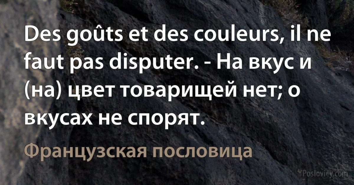 Des goûts et des couleurs, il ne faut pas disputer. - На вкус и (на) цвет товарищей нет; о вкусах не спорят. (Французская пословица)