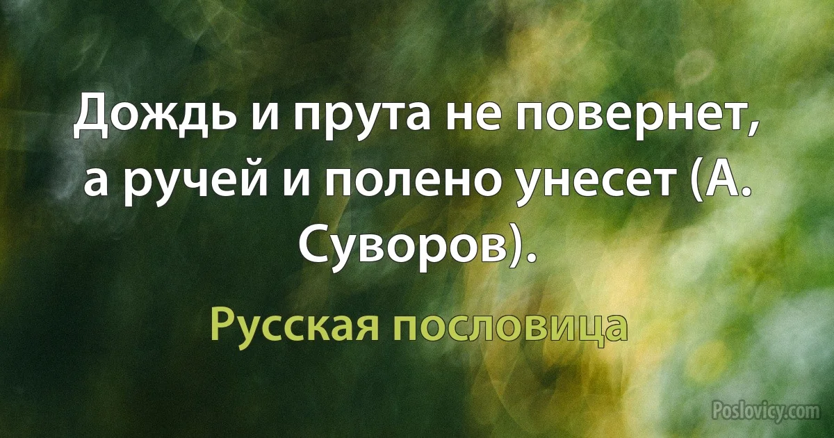 Дождь и прута не повернет, а ручей и полено унесет (А. Суворов). (Русская пословица)