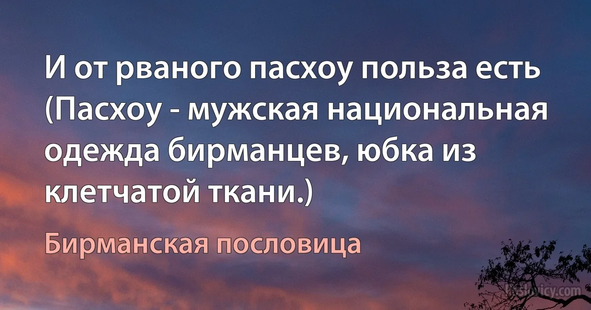 И от рваного пасхоу польза есть (Пасхоу - мужская национальная одежда бирманцев, юбка из клетчатой ткани.) (Бирманская пословица)