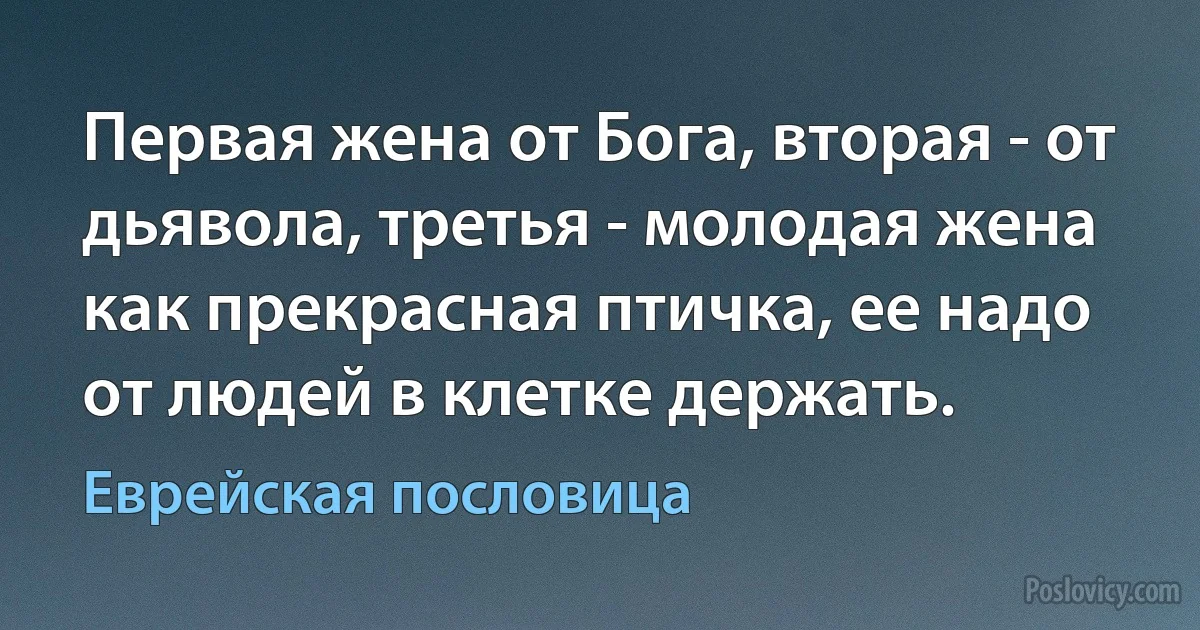 Первая жена от Бога, вторая - от дьявола, третья - молодая жена как прекрасная птичка, ее надо от людей в клетке держать. (Еврейская пословица)