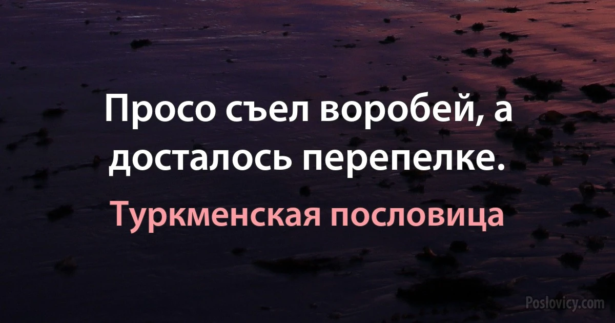 Просо съел воробей, а досталось перепелке. (Туркменская пословица)