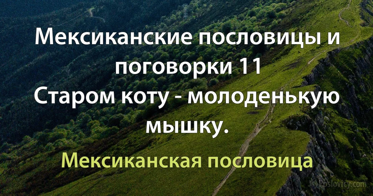 Мексиканские пословицы и поговорки 11
Старом коту - молоденькую мышку. (Мексиканская пословица)