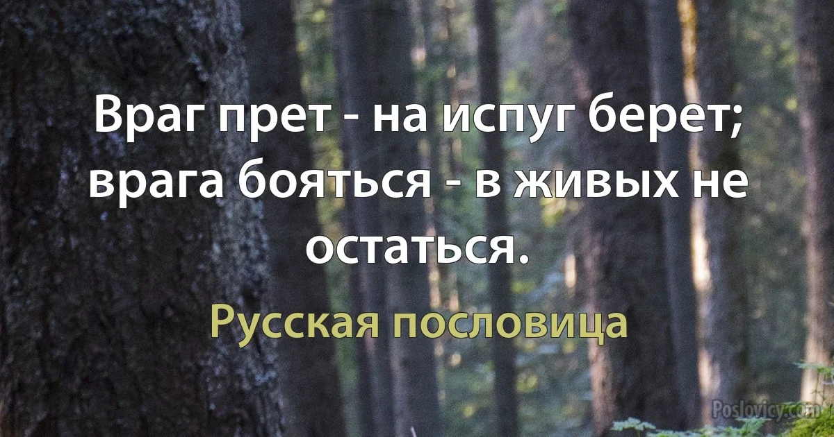 Враг прет - на испуг берет; врага бояться - в живых не остаться. (Русская пословица)