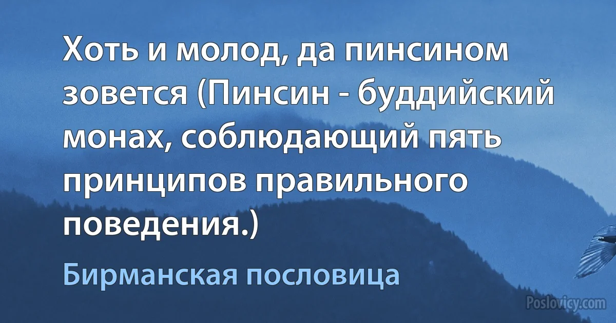 Хоть и молод, да пинсином зовется (Пинсин - буддийский монах, соблюдающий пять принципов правильного поведения.) (Бирманская пословица)