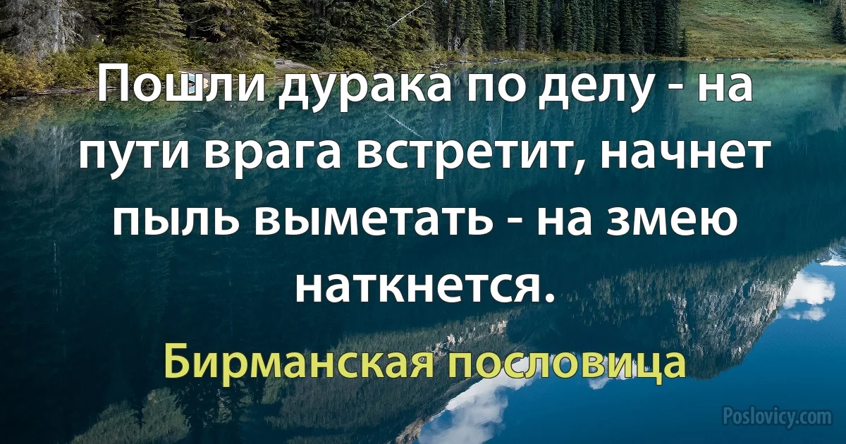 Пошли дурака по делу - на пути врага встретит, начнет пыль выметать - на змею наткнется. (Бирманская пословица)