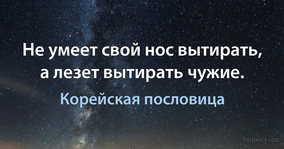 Не умеет свой нос вытирать, а лезет вытирать чужие. (Корейская пословица)