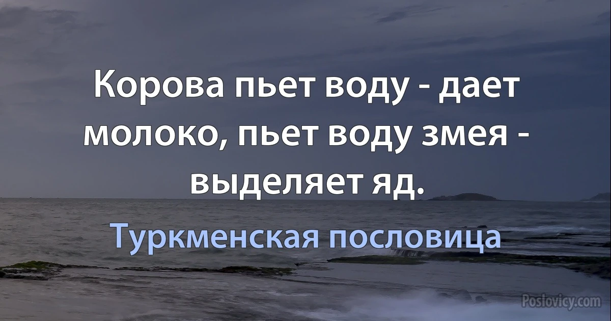 Корова пьет воду - дает молоко, пьет воду змея - выделяет яд. (Туркменская пословица)