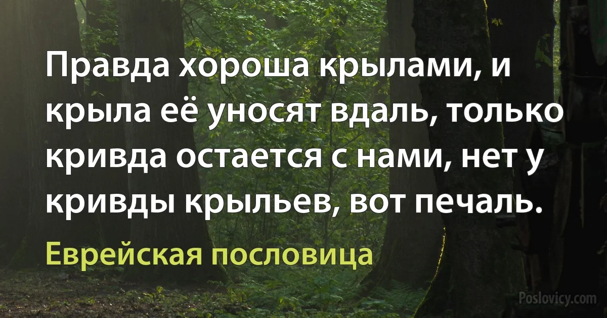 Правда хороша крылами, и крыла её уносят вдаль, только кривда остается с нами, нет у кривды крыльев, вот печаль. (Еврейская пословица)