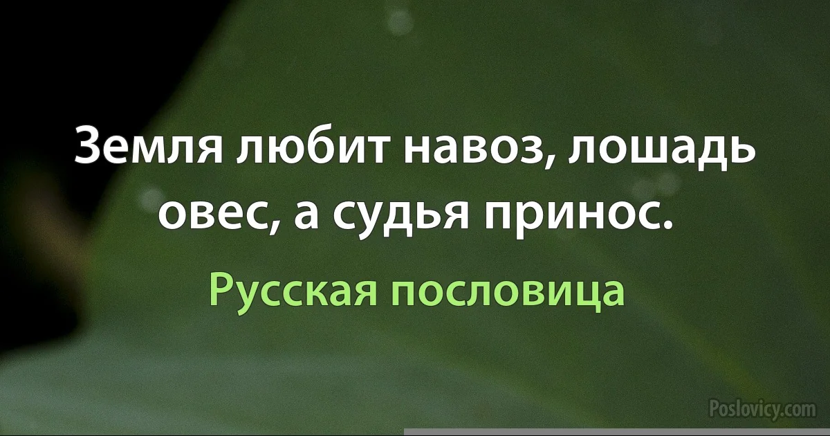 Земля любит навоз, лошадь овес, а судья принос. (Русская пословица)