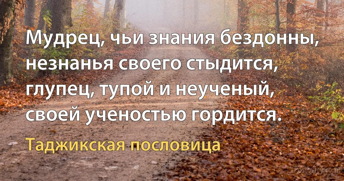 Мудрец, чьи знания бездонны, незнанья своего стыдится, глупец, тупой и неученый, своей ученостью гордится. (Таджикская пословица)