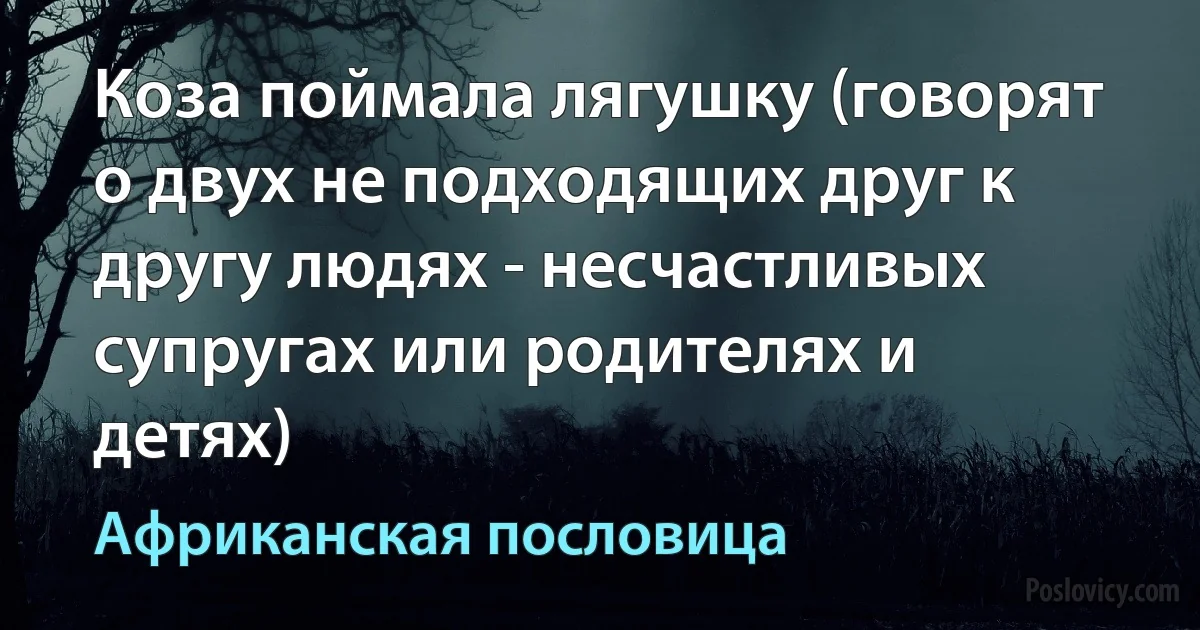 Коза поймала лягушку (говорят о двух не подходящих друг к другу людях - несчастливых супругах или родителях и детях) (Африканская пословица)