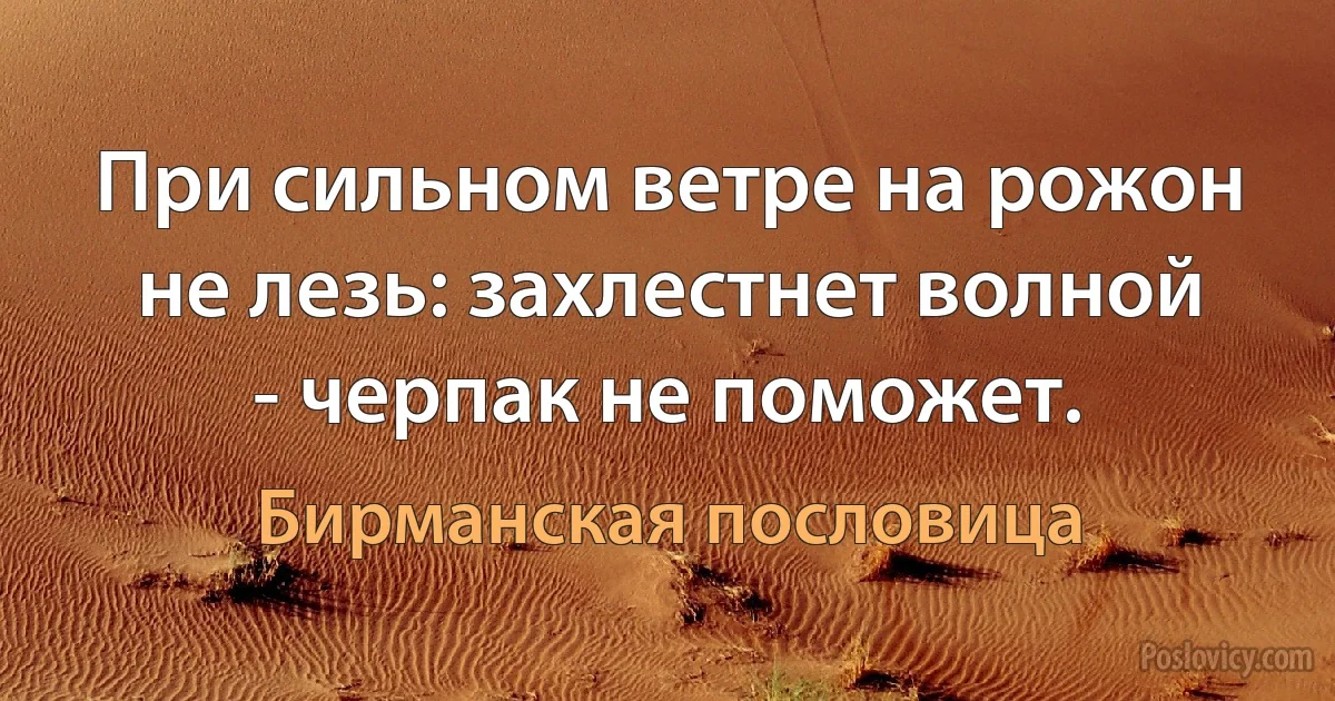 При сильном ветре на рожон не лезь: захлестнет волной - черпак не поможет. (Бирманская пословица)