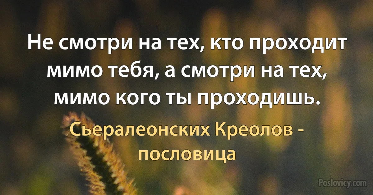 Не смотри на тех, кто проходит мимо тебя, а смотри на тех, мимо кого ты проходишь. (Сьералеонских Креолов - пословица)