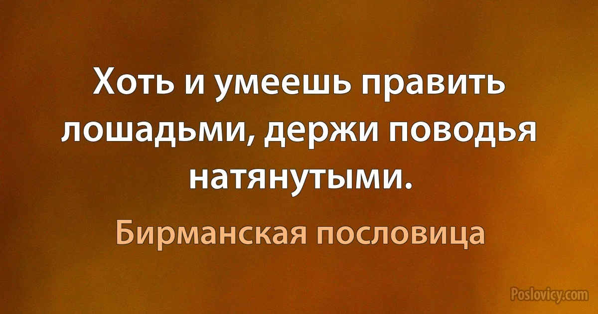 Хоть и умеешь править лошадьми, держи поводья натянутыми. (Бирманская пословица)