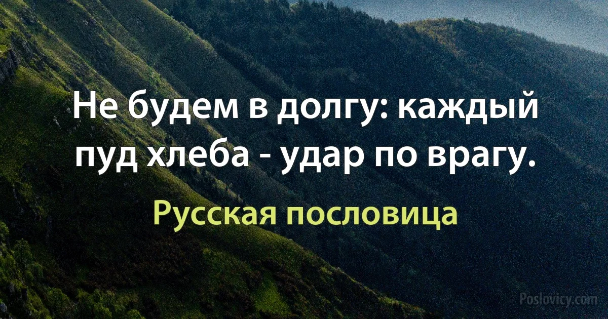 Не будем в долгу: каждый пуд хлеба - удар по врагу. (Русская пословица)