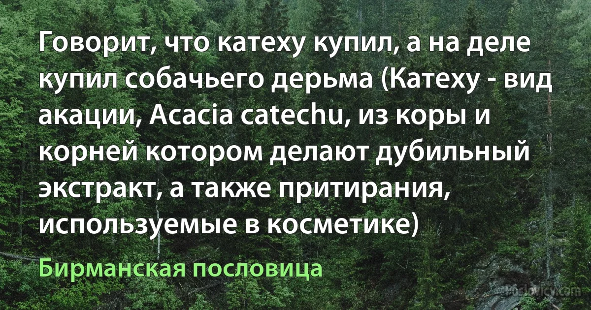 Говорит, что катеху купил, а на деле купил собачьего дерьма (Катеху - вид акации, Acacia catechu, из коры и корней котором делают дубильный экстракт, а также притирания, используемые в косметике) (Бирманская пословица)