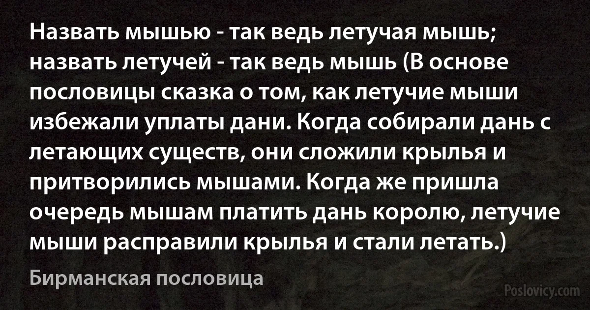 Назвать мышью - так ведь летучая мышь; назвать летучей - так ведь мышь (В основе пословицы сказка о том, как летучие мыши избежали уплаты дани. Когда собирали дань с летающих существ, они сложили крылья и притворились мышами. Когда же пришла очередь мышам платить дань королю, летучие мыши расправили крылья и стали летать.) (Бирманская пословица)