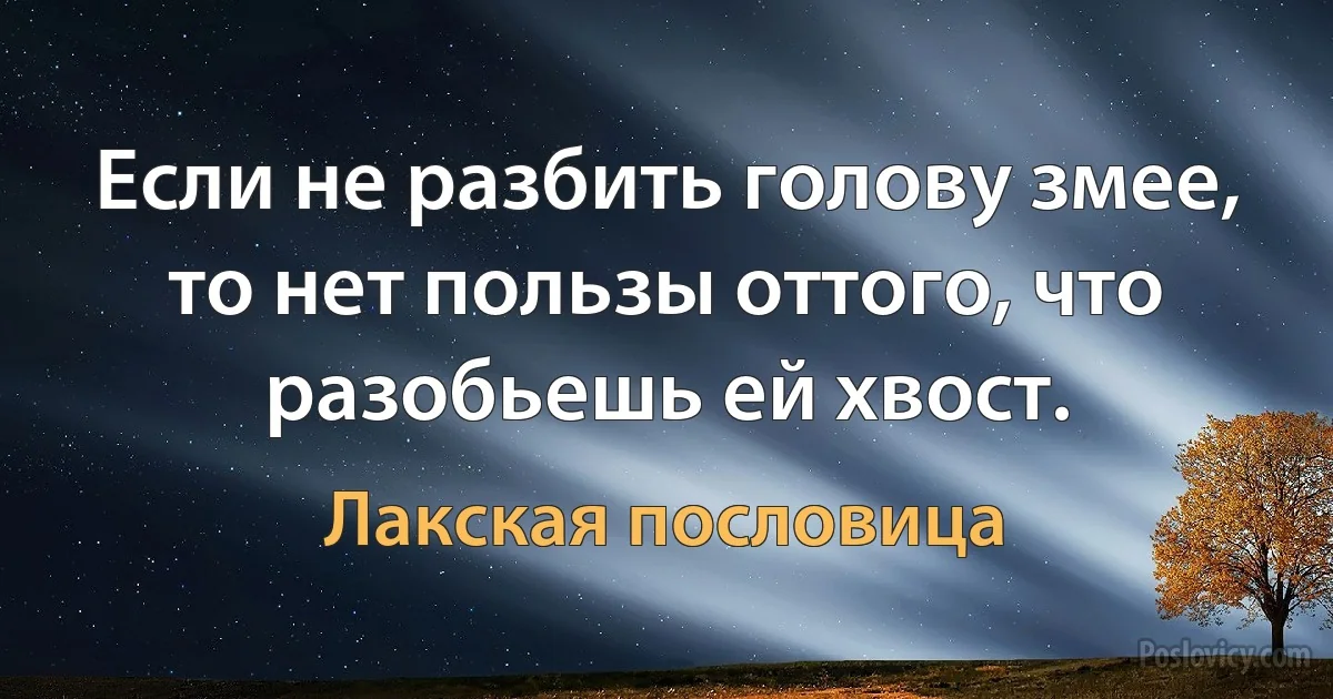 Если не разбить голову змее, то нет пользы оттого, что разобьешь ей хвост. (Лакская пословица)