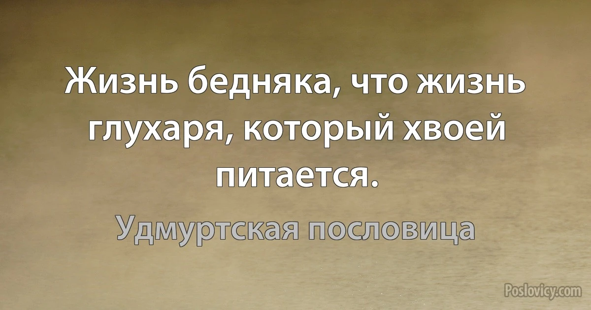 Жизнь бедняка, что жизнь глухаря, который хвоей питается. (Удмуртская пословица)