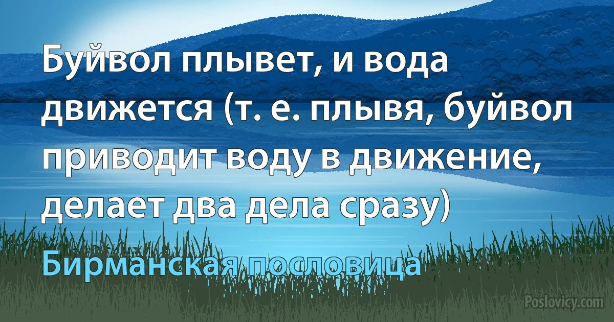 Буйвол плывет, и вода движется (т. е. плывя, буйвол приводит воду в движение, делает два дела сразу) (Бирманская пословица)