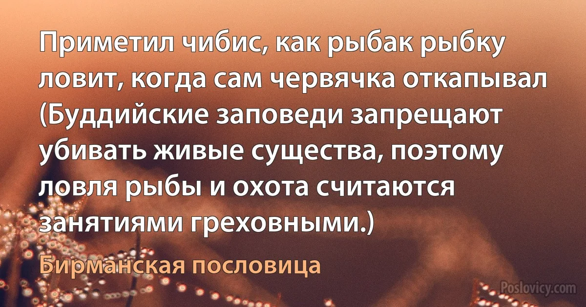 Приметил чибис, как рыбак рыбку ловит, когда сам червячка откапывал (Буддийские заповеди запрещают убивать живые существа, поэтому ловля рыбы и охота считаются занятиями греховными.) (Бирманская пословица)