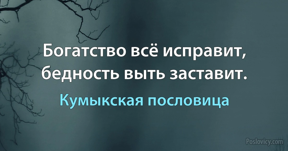 Богатство всё исправит, бедность выть заставит. (Кумыкская пословица)