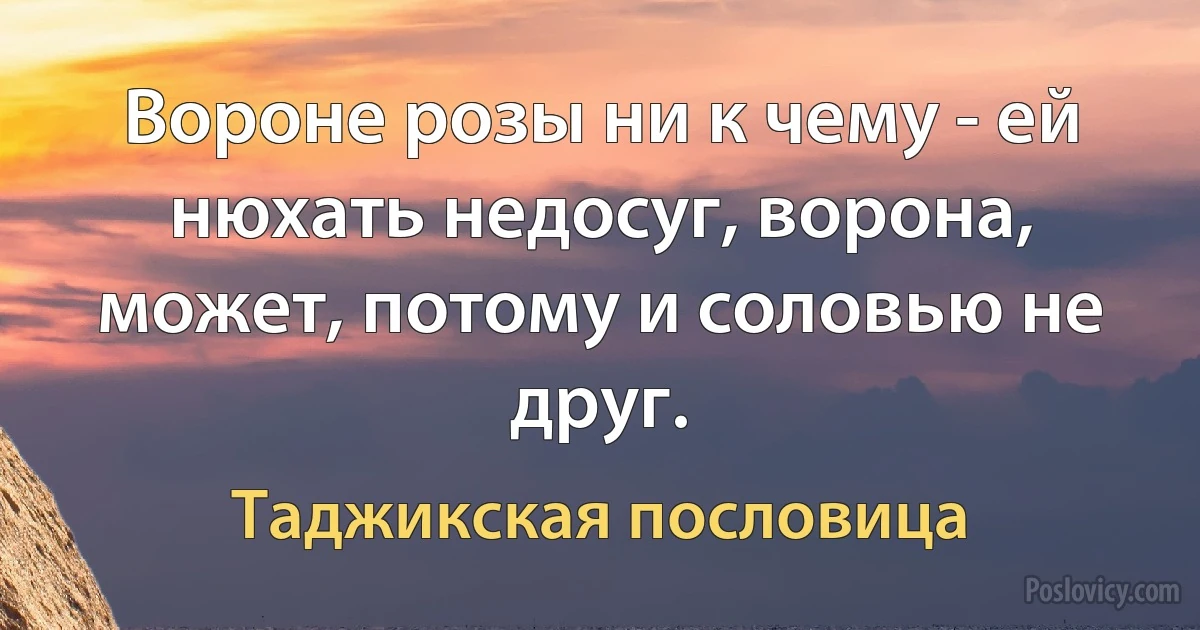 Вороне розы ни к чему - ей нюхать недосуг, ворона, может, потому и соловью не друг. (Таджикская пословица)