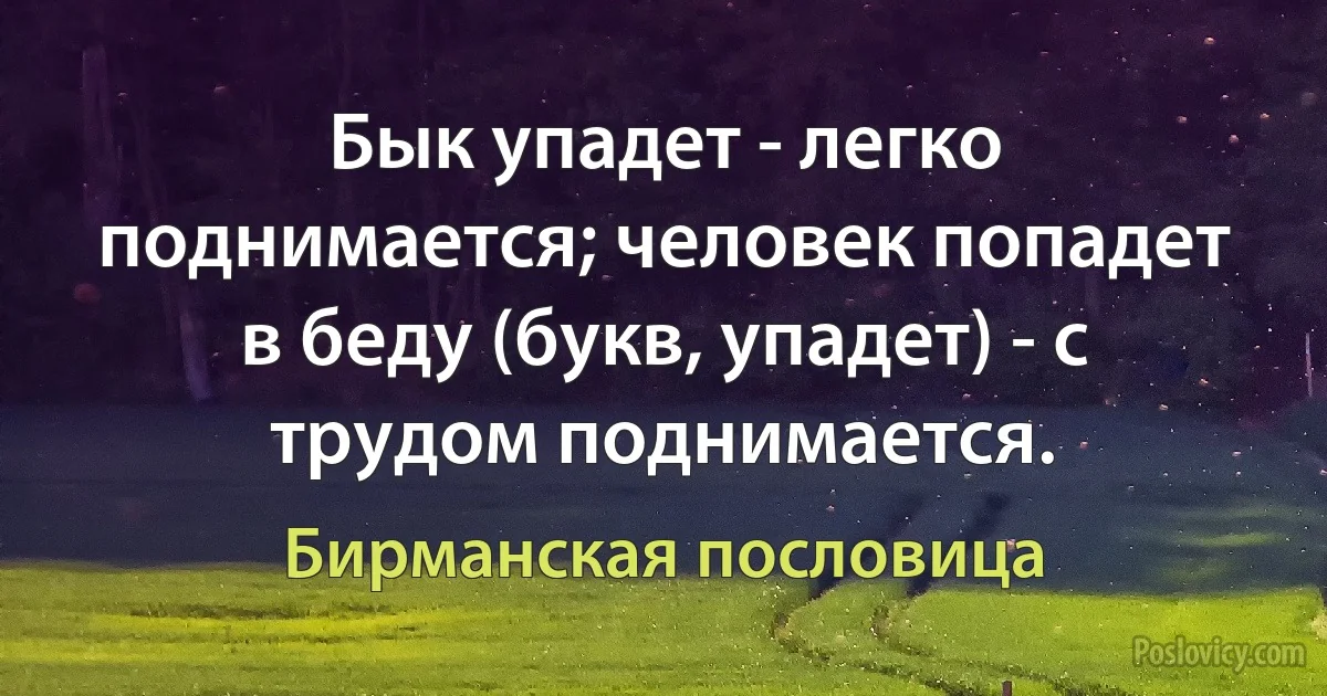 Бык упадет - легко поднимается; человек попадет в беду (букв, упадет) - с трудом поднимается. (Бирманская пословица)