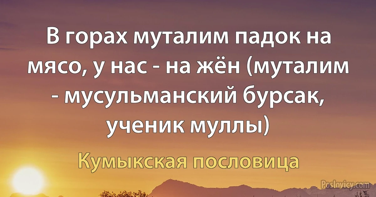 В горах муталим падок на мясо, у нас - на жён (муталим - мусульманский бурсак, ученик муллы) (Кумыкская пословица)