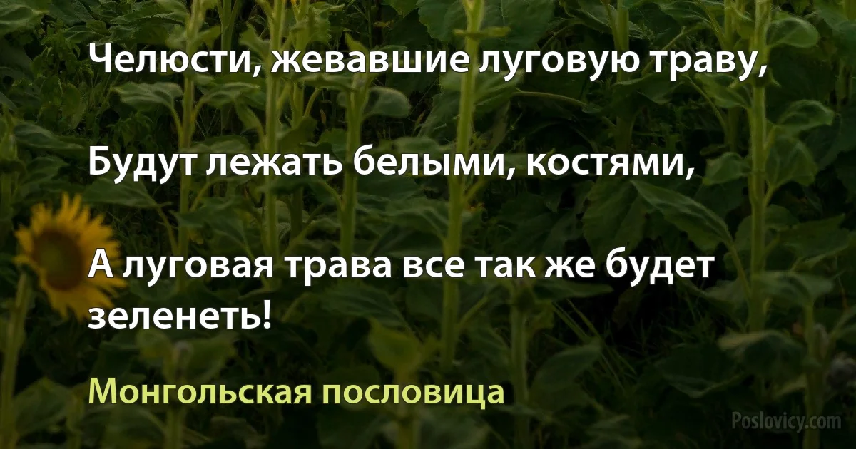 Челюсти, жевавшие луговую траву,

Будут лежать белыми, костями,

А луговая трава все так же будет зеленеть! (Монгольская пословица)